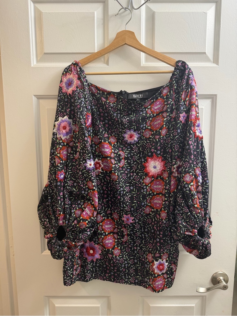Boho Floral Puff-Sleeve Mini Dress in Black with Pink & Red Flowers